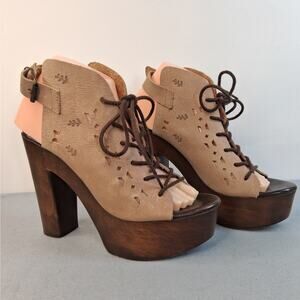 Coolway Lace Up Leather Platform Shoes Sandals Women's Size 7 Light Brown